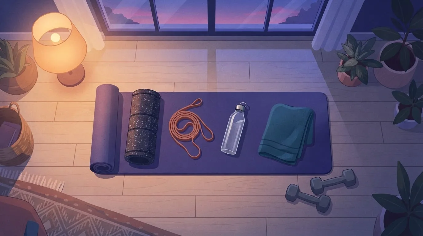 Draufsicht auf eine violette Yogamatte mit Faszienrolle, Widerstandsband, Wasserflasche und Handtuch in einem lampenbeleuchteten Raum, daneben ein Paar Hanteln, die für eine Deload-Woche beiseitegelegt wurden