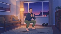 A man doing a relaxed goblet squat with one light dumbbell in a lamp-lit living room at dusk during his deload week, while his heavier dumbbells rest unused by the wall