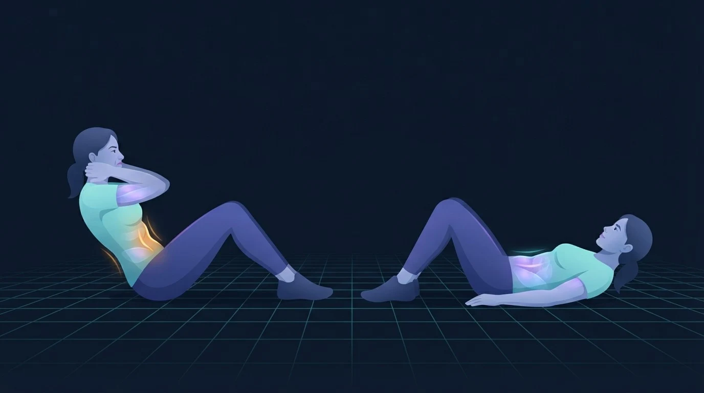 Two postpartum core positions compared, a strained full sit-up with the abdominal midline ridging in amber beside a small controlled head lift with a flat glowing midline