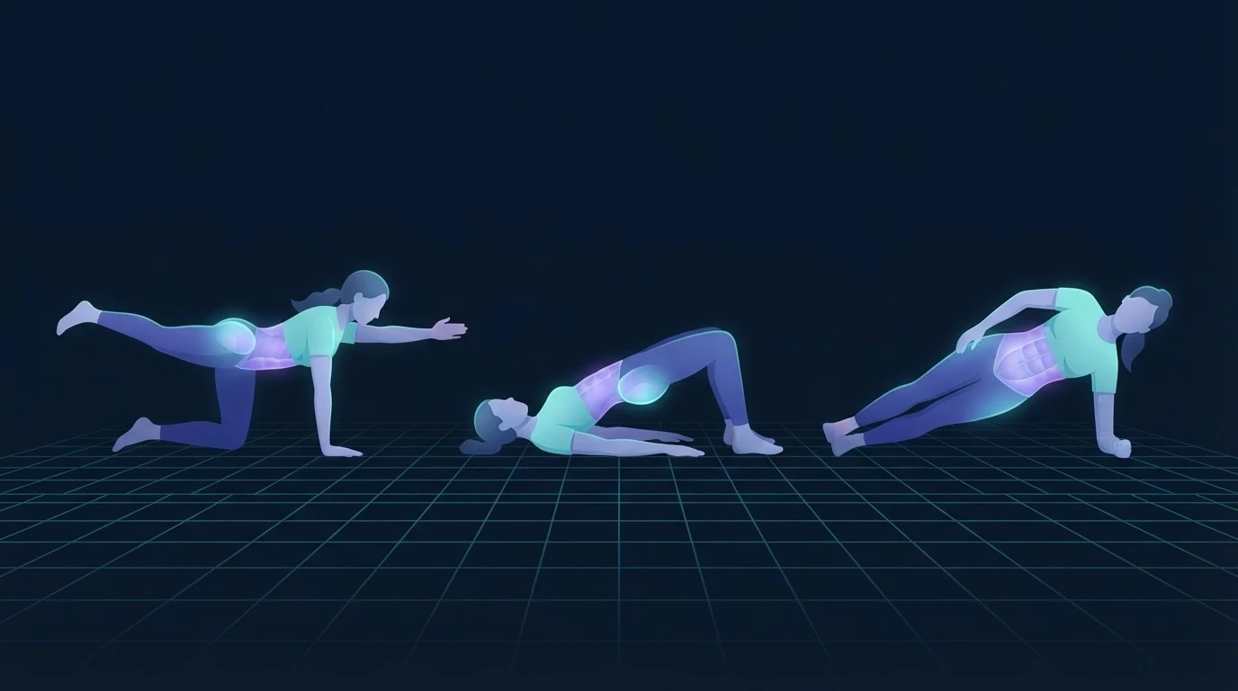 Three postpartum core exercises in order of difficulty on a dark grid, a bird dog, a glute bridge and a side plank, with the deep core and glutes glowing