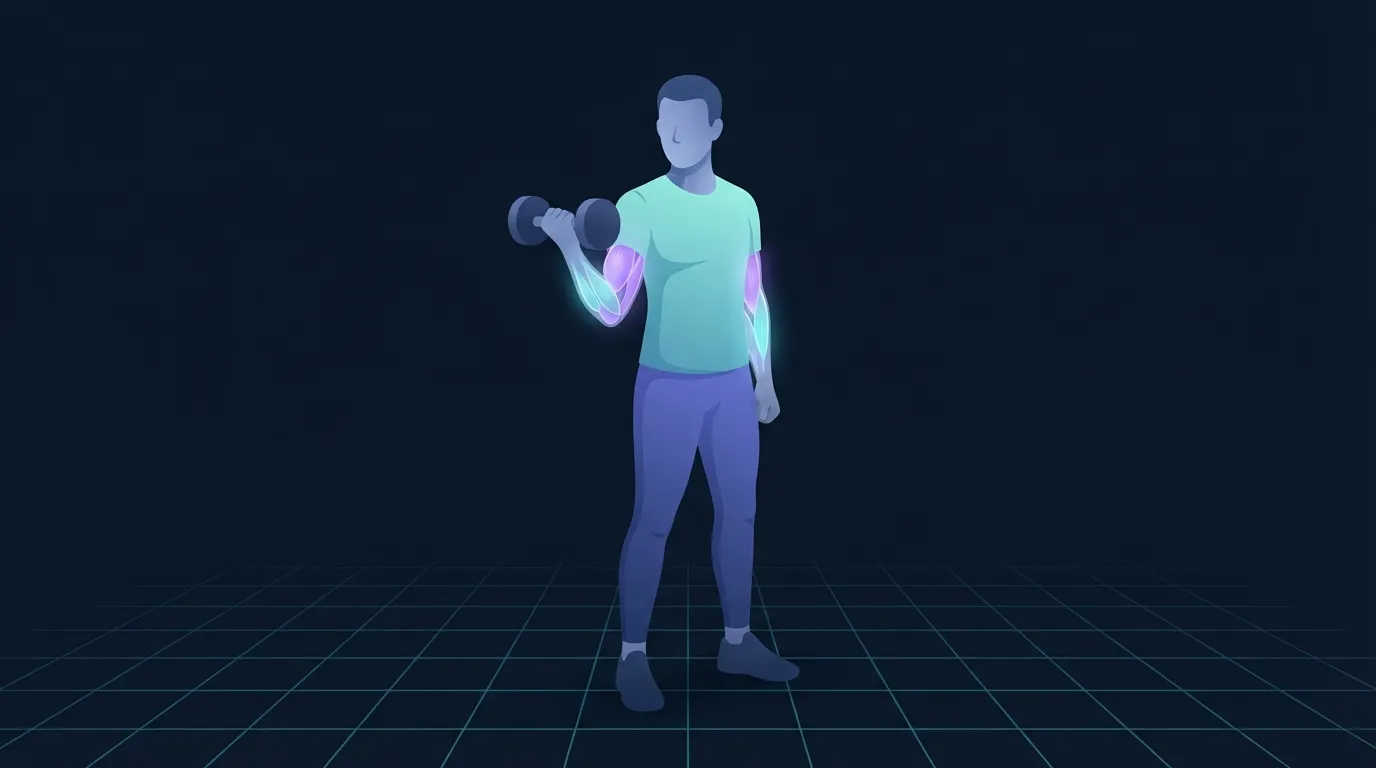 Un pratiquant en plein hammer curl tenant un seul haltère en prise neutre, avec le brachial légèrement lumineux sur la face externe du bras