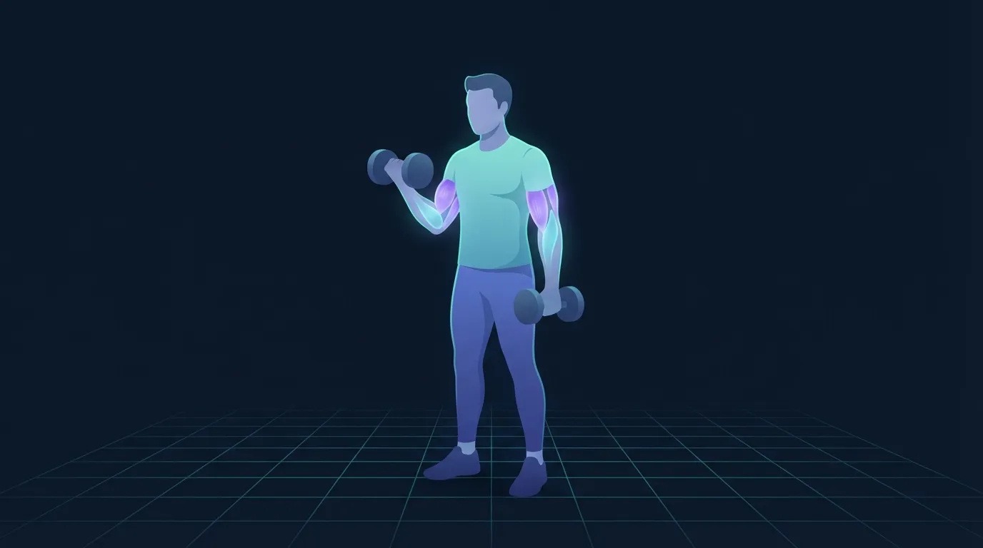 Un pratiquant debout avec deux haltères effectuant un curl biceps, avec le biceps brachial et le brachial légèrement lumineux