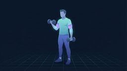 Ein Trainierender steht mit zwei Kurzhanteln und führt einen Bizeps-Curl aus, wobei Bizeps und Brachialis leuchten