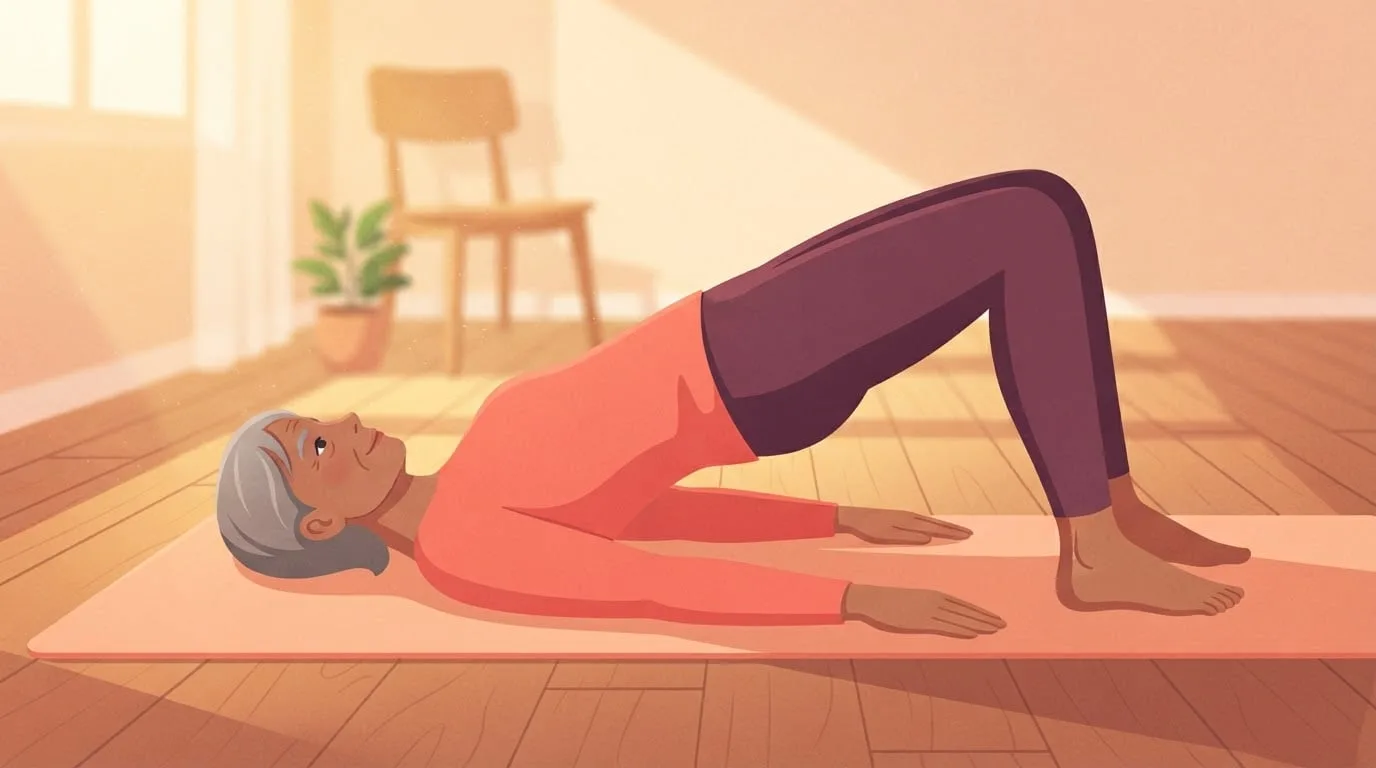 Floor-level side view of an older woman doing a glute bridge on a peach exercise mat in a sunlit living room, shoulders on the mat, knees bent and hips lifted, with a wooden chair and a plant behind her