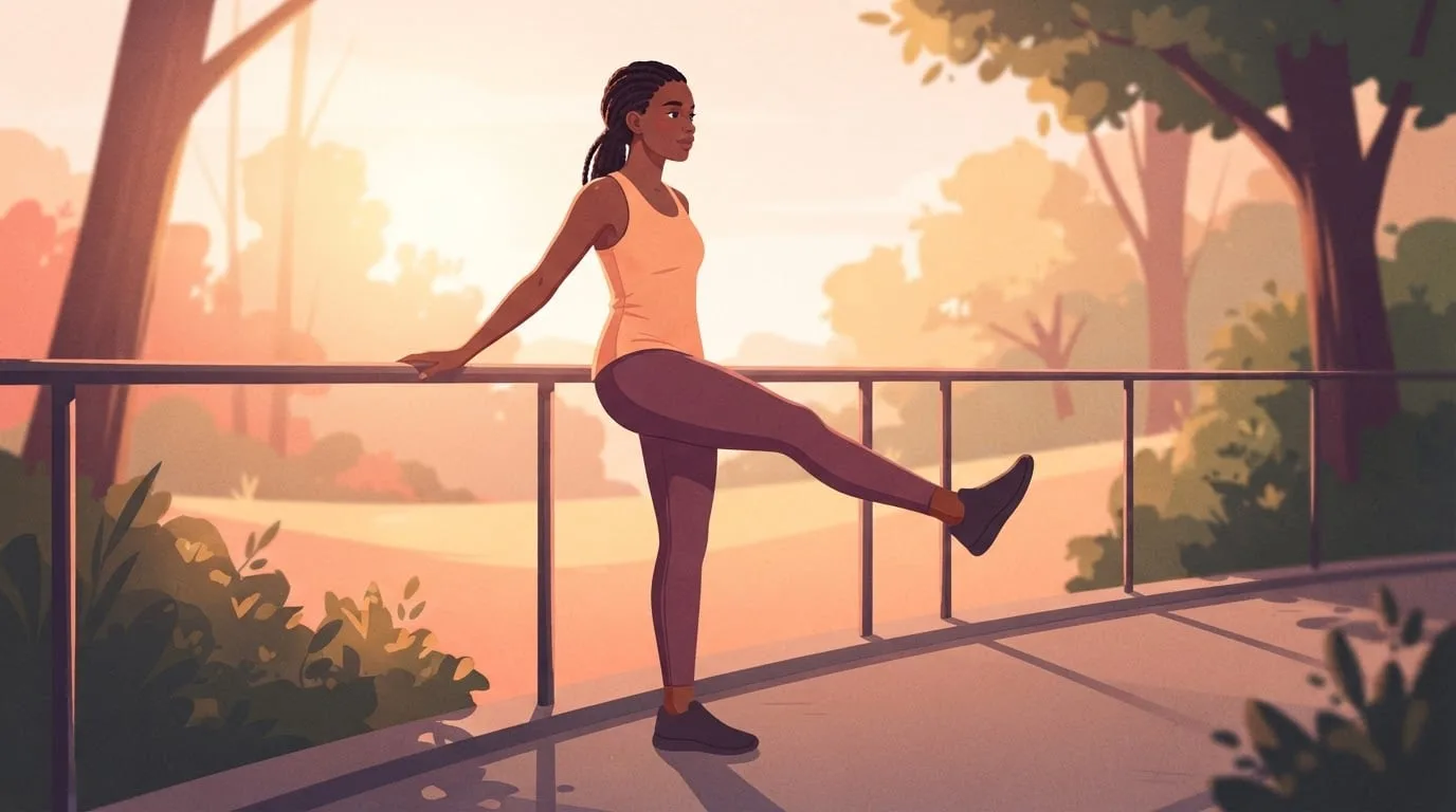 A young woman in running clothes holding a park railing with one hand and swinging one leg forward in a leg swing during her dynamic warm up, golden sunrise light behind her