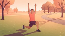 A man doing a reverse lunge with both arms reaching overhead on a park lawn at sunrise as part of a dynamic warm up, with a runner on the path behind him