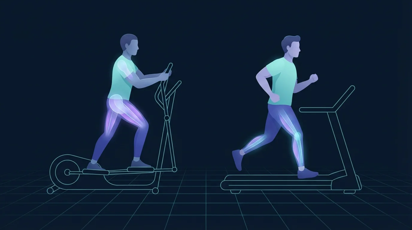 Illustration of two people training side by side, one striding on an elliptical with both feet planted on the pedals and the quadriceps and glutes lit up, the other mid-stride on a treadmill with one foot clear of the belt and the calves and hamstrings lit up
