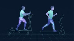 Illustration of two people training side by side, one striding on an elliptical with both feet planted on the pedals and the quadriceps and glutes lit up, the other mid-stride on a treadmill with one foot clear of the belt and the calves and hamstrings lit up