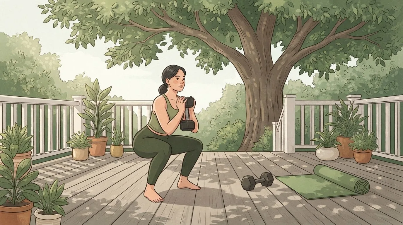 Eine Frau macht auf einer grünen Gartenterrasse eine Goblet Squat mit einer Kurzhantel vor der Brust, daneben eine zweite Kurzhantel und eine zusammengerollte Matte, die erste Übung eines EMOM-Workouts mit Kurzhanteln