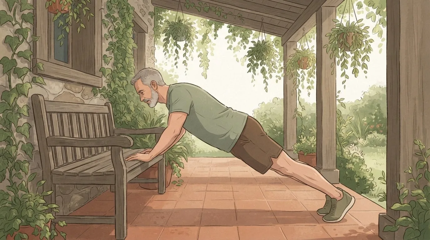 Ein Mann mit grauem Bart macht einen erhöhten Liegestütz mit den Händen auf einer Holzbank auf der Veranda, der Körper in einer geraden Linie, eine Übung aus einem EMOM-Workout mit Körpergewicht für Anfänger