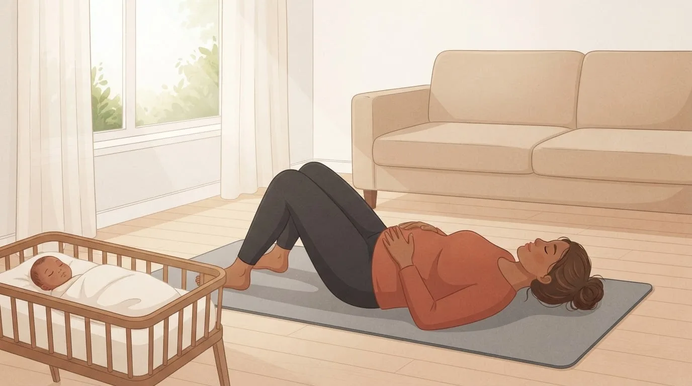 A new mother lying on an exercise mat on her living-room floor beside a bassinet with her sleeping newborn, knees bent and hands resting on her belly as she practices slow belly breathing after a C-section