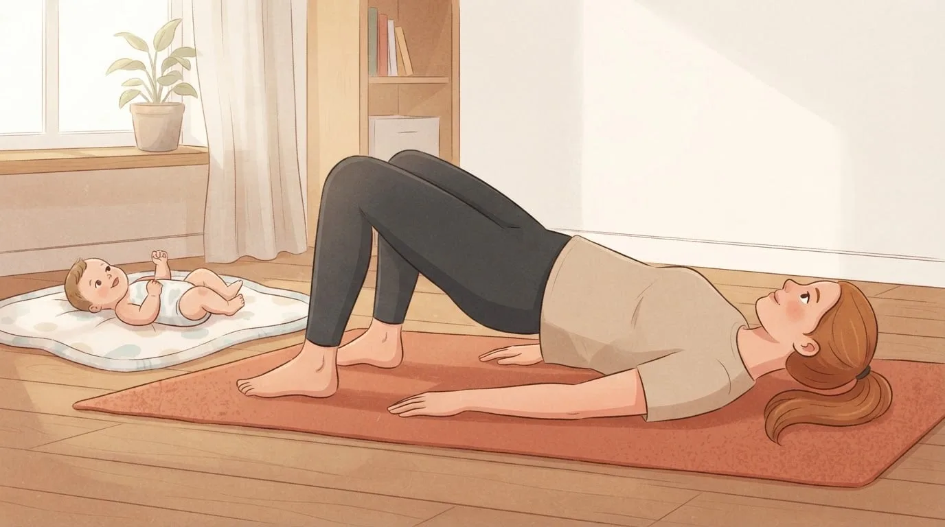 A woman doing a gentle glute bridge on a terracotta exercise mat in a sunlit room, hips lifted a little off the floor, while her baby lies on a play mat nearby