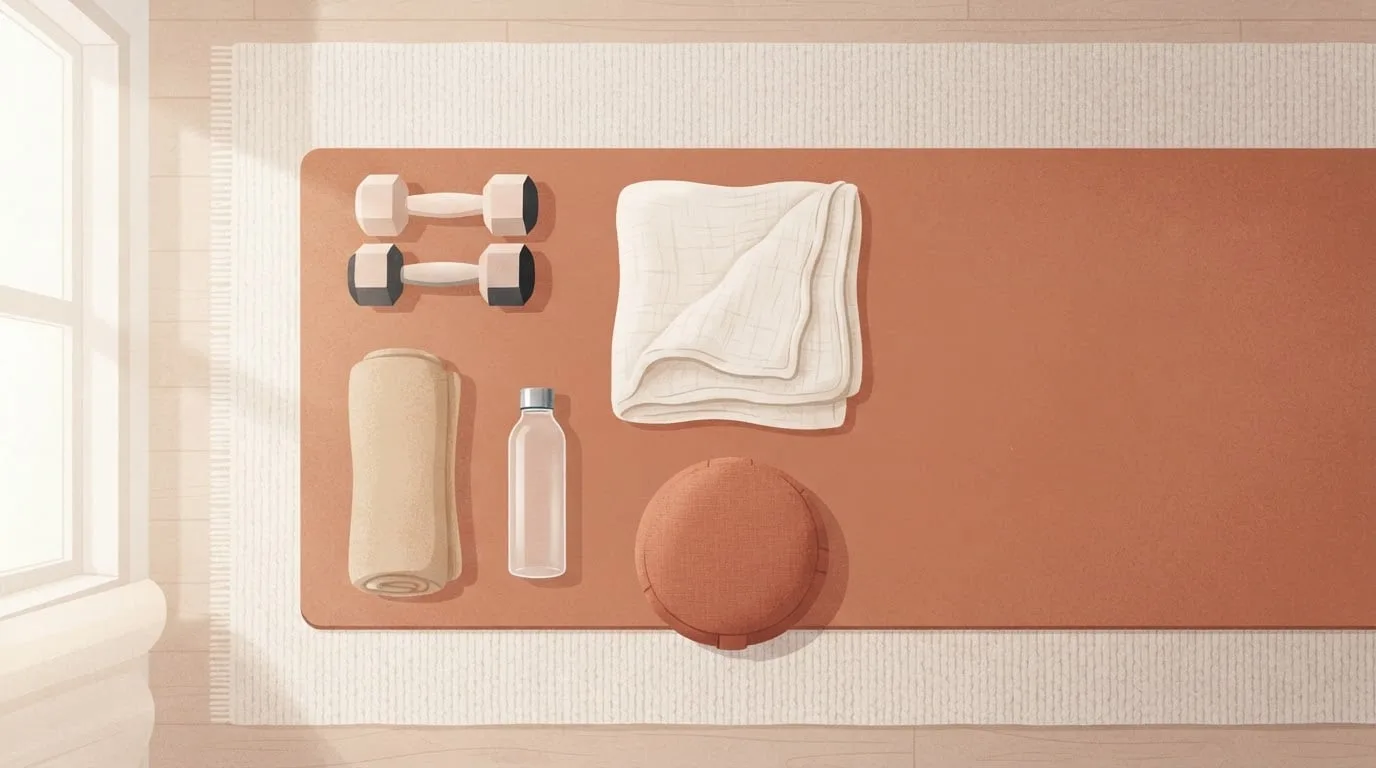 Overhead view of a terracotta exercise mat holding a pair of light dumbbells, a rolled towel, a water bottle, a folded muslin baby blanket and a small round cushion in soft window light