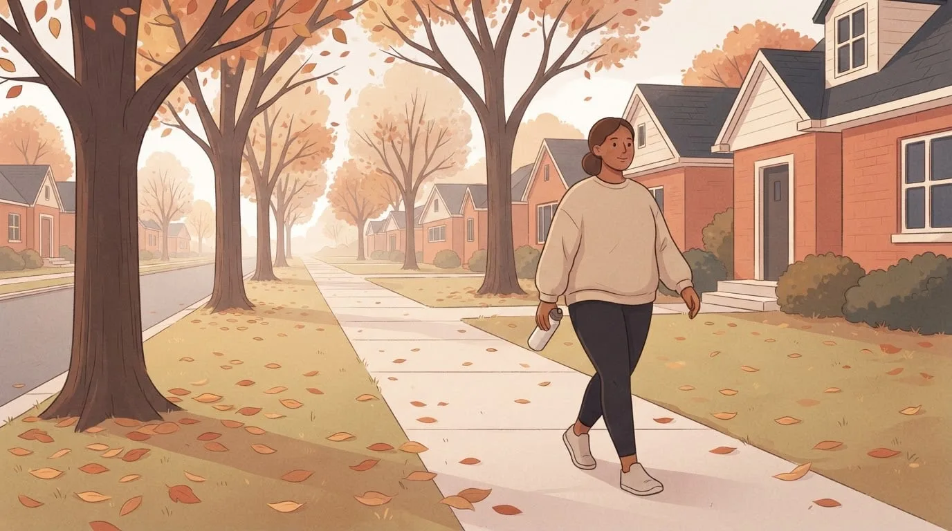 A woman in a loose sand-colored sweatshirt and dark leggings walking at an easy pace along a tree-lined neighborhood sidewalk on an autumn morning, holding a water bottle