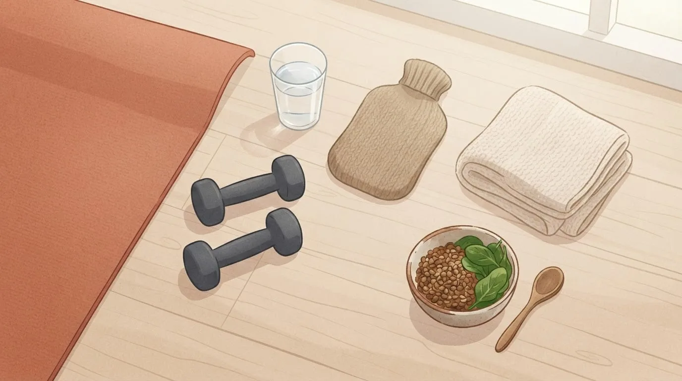 Overhead view of a wooden floor beside a terracotta yoga mat with two small dumbbells, a glass of water, a knitted hot water bottle, a folded towel and a bowl of lentils and spinach for working out on your period