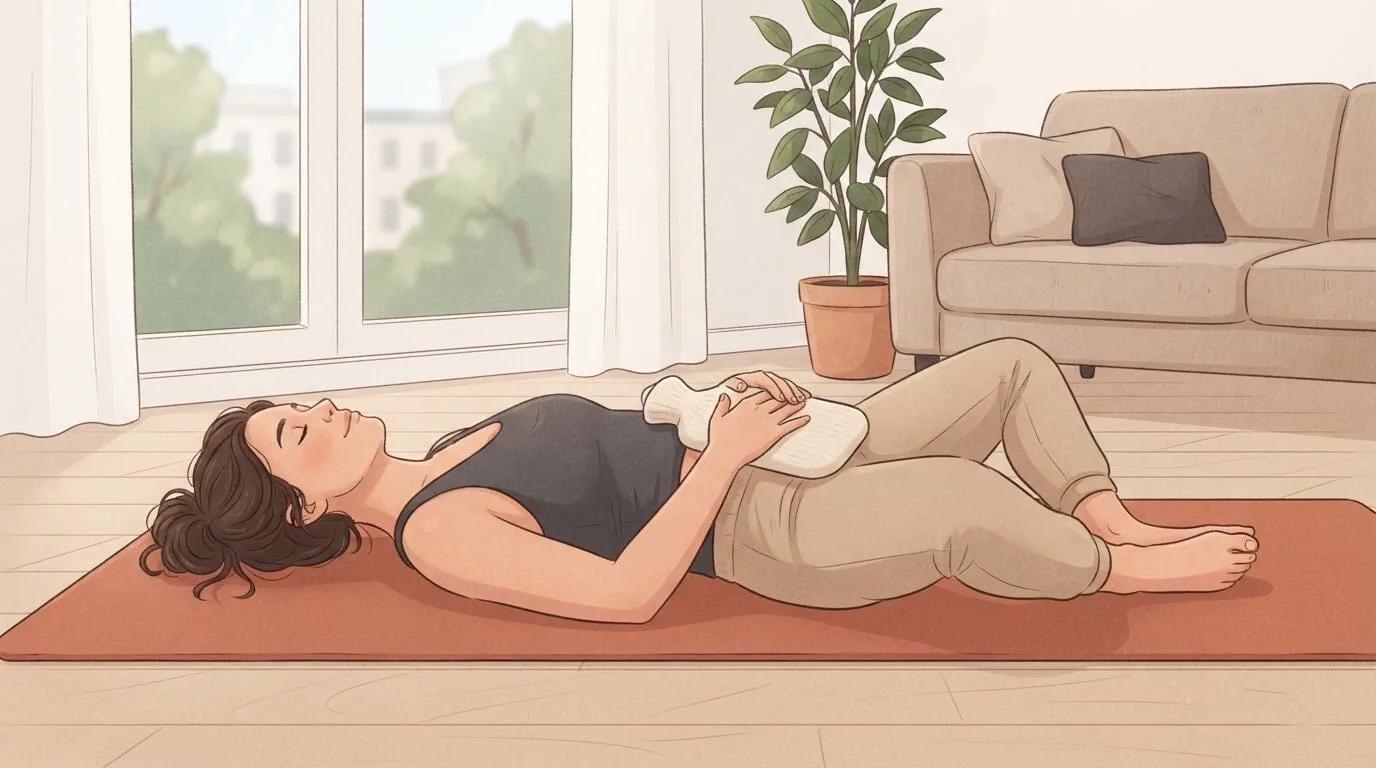 A woman lying on her back on a terracotta yoga mat in a calm living room with her knees bent, eyes closed and both hands resting on a knitted hot water bottle on her lower belly after a gentle period workout