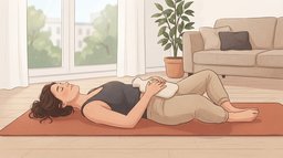 A woman lying on her back on a terracotta yoga mat in a calm living room with her knees bent, eyes closed and both hands resting on a knitted hot water bottle on her lower belly after a gentle period workout