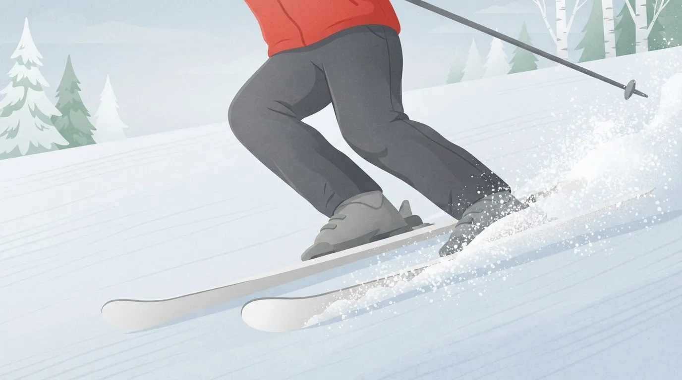 Close-up of a skier's bent legs in grey ski pants below a red jacket, carving a turn on a groomed slope with snow spraying from the edge of a plain white ski under an overcast sky, the braking work exercises for skiing train
