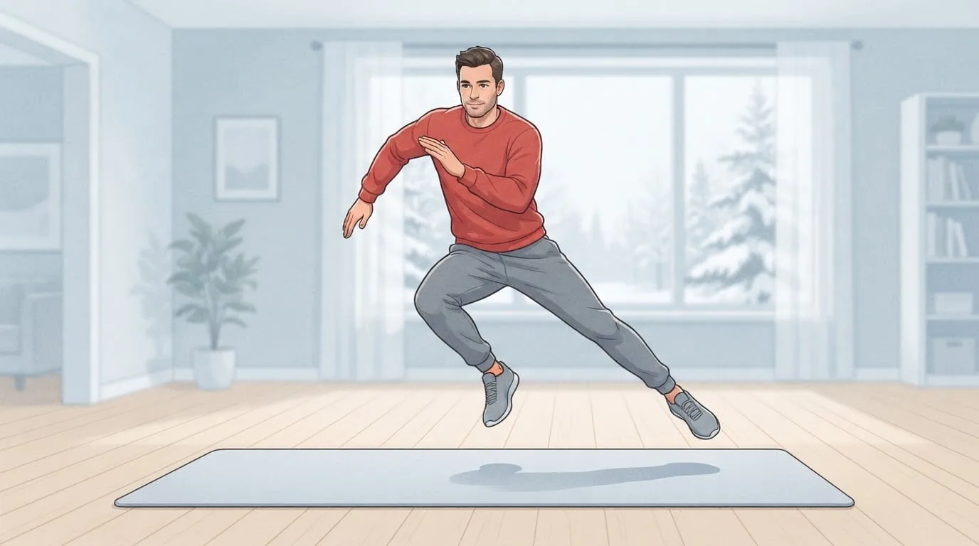A man in a red sweatshirt and grey joggers airborne in a sideways skater hop above a pale grey mat in a bright living room with snowy trees outside, a lateral exercise for skiing at home