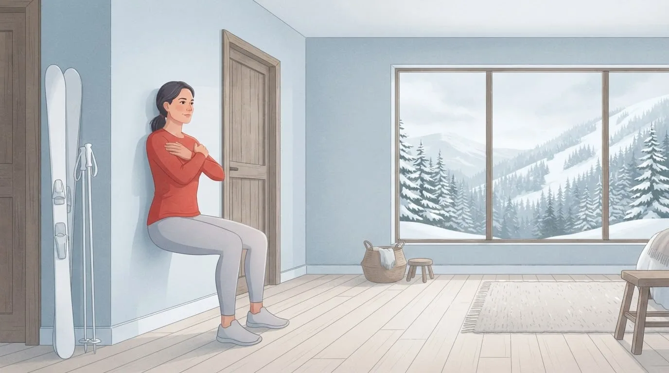 A woman in a red top and grey leggings holding a wall sit against a pale blue-grey wall in a cabin with a birch floor, plain white skis and poles leaning in the corner and snowy pine slopes outside the window, one of the best exercises for skiing