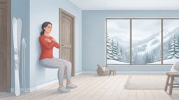 A woman in a red top and grey leggings holding a wall sit against a pale blue-grey wall in a cabin with a birch floor, plain white skis and poles leaning in the corner and snowy pine slopes outside the window, one of the best exercises for skiing
