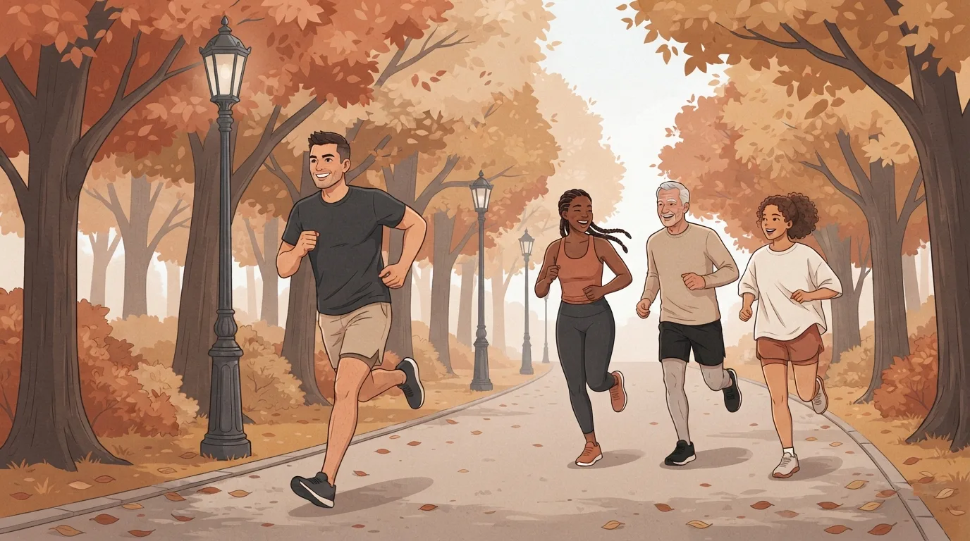Vier Läufer unterschiedlichen Alters auf einem herbstlichen Parkweg, der Führende zieht an einer Laterne vorbei davon, während die anderen lachen und schneller werden, um zu folgen, eine Fartlek-Einheit in der Gruppe