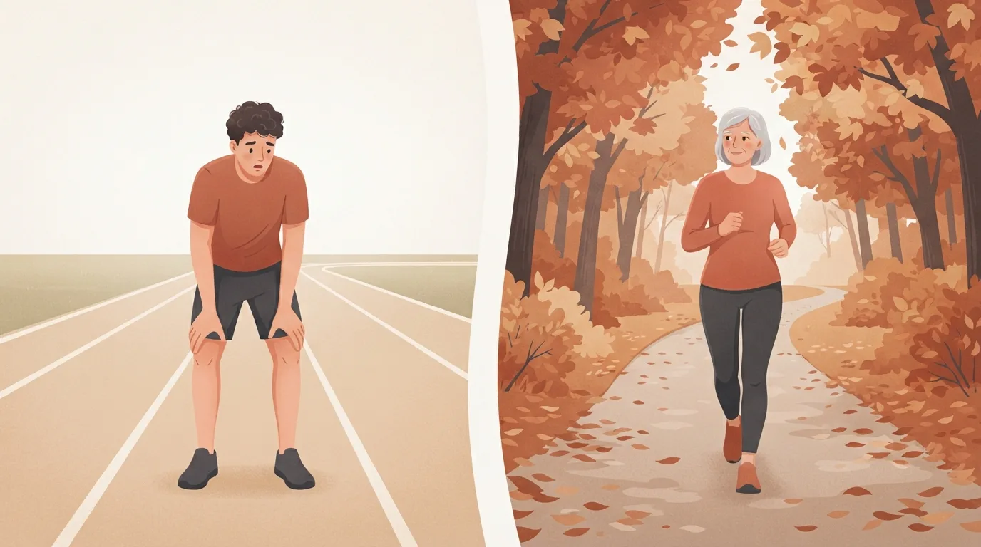 Gegenüberstellung eines jungen Mannes, der sich auf einer Laufbahn mit den Händen auf den Knien ausruht, neben einer älteren Frau, die durch einen herbstlichen Park weitertrabt, als Kontrast zwischen Intervallpause und Fartlek-Erholung