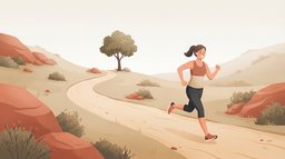 A smiling woman in terracotta running clothes surges along a sandy hill trail toward a lone tree, a landmark fartlek effort in the middle of an easy run