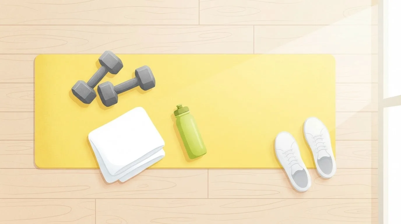 Overhead view of a pair of plain dumbbells, a folded white towel, a water bottle and a pair of sneakers laid out on a yellow exercise mat on a wooden floor, everything needed for a dumbbell finisher workout