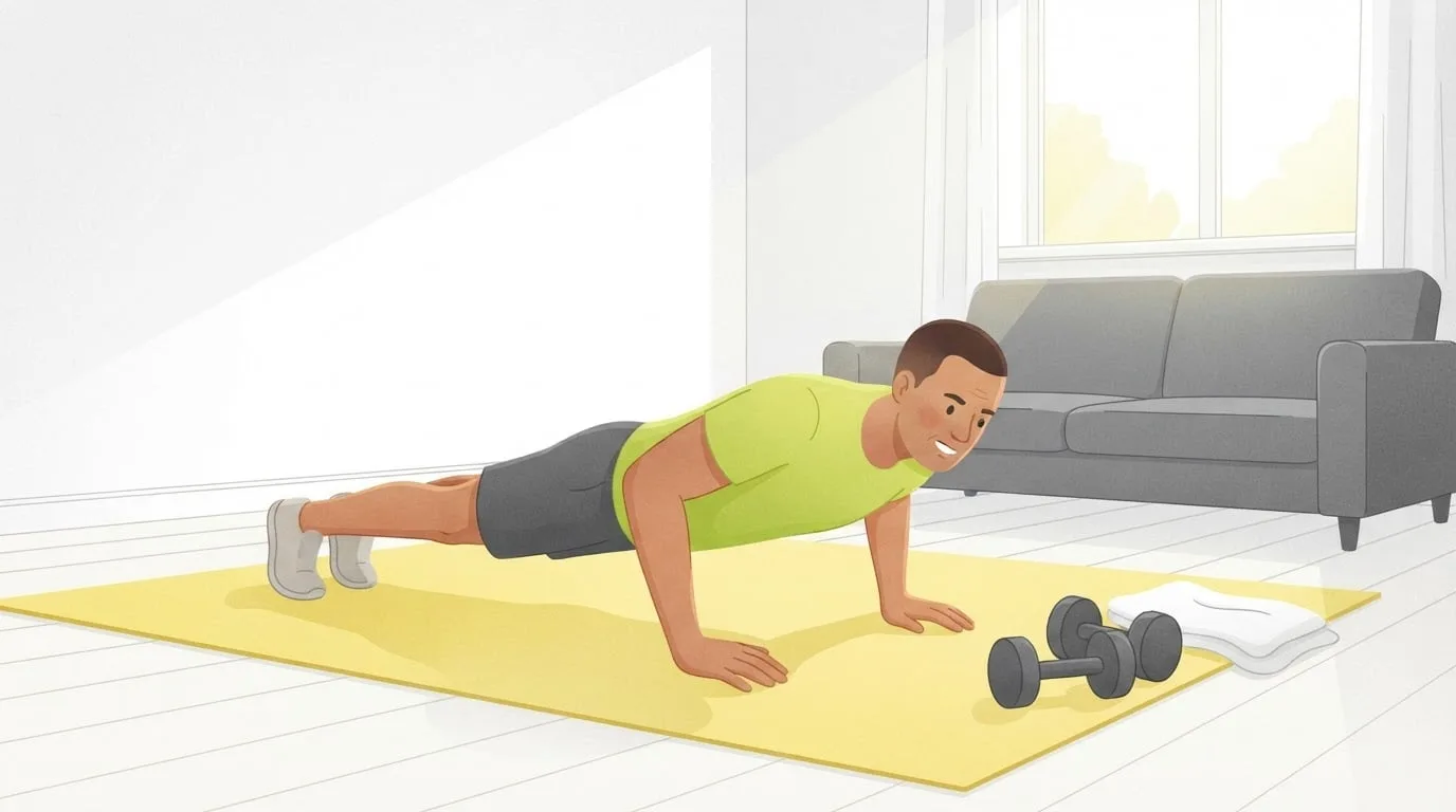 A man doing push-ups on a yellow mat in a bright living room by a large window in the morning, a pair of dumbbells and a folded towel beside him, a bodyweight finisher workout at the end of a home session
