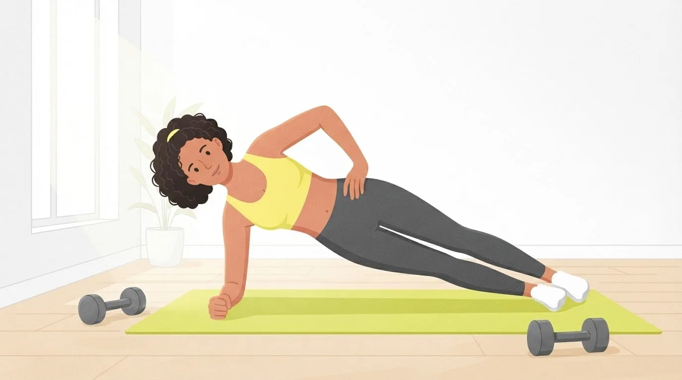 A woman holding a straight-arm side plank on a lime-green mat in a bright home studio, her body in a straight line from head to feet with one hand on her hip and two dumbbells on the floor nearby, part of a core finisher workout