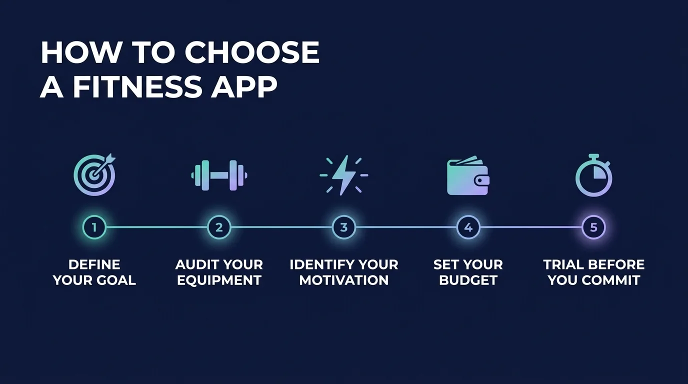 Five-step framework for choosing a fitness app: define your goal, audit your equipment, identify your motivation pattern, set your budget, and trial before you commit