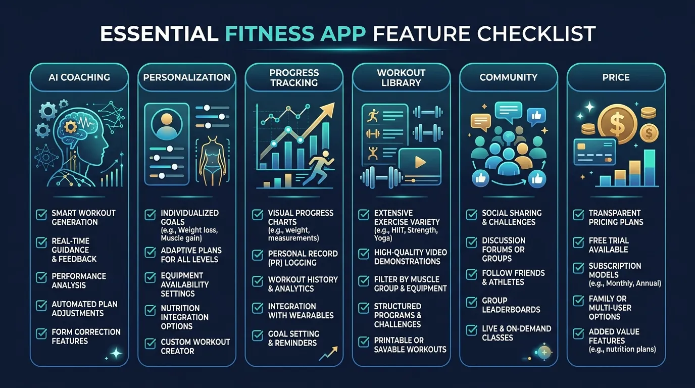 Fitness App Feature Checklist — visual guide for the The 6 Factors That Actually Matter section