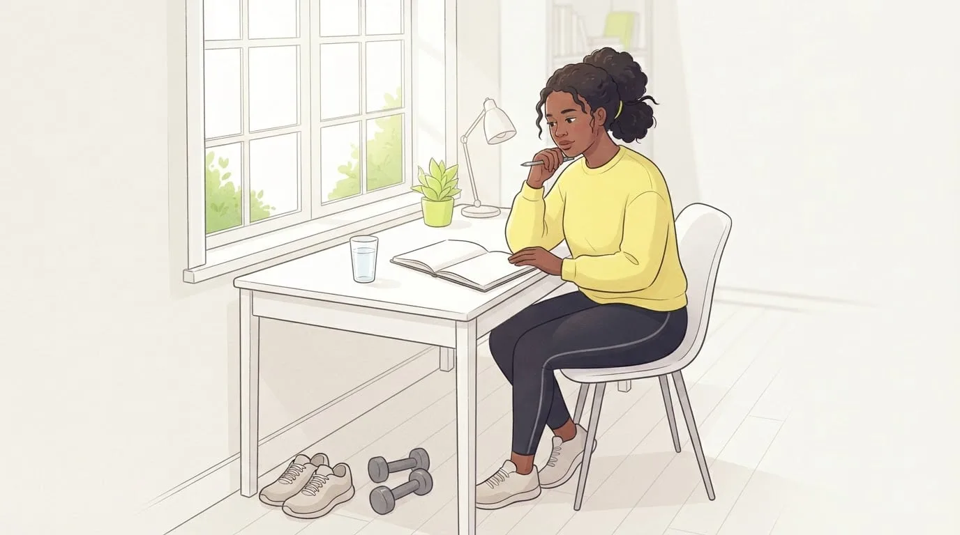 A woman in a yellow sweatshirt sitting at a white desk by a sunny window, pen in hand, planning her fitness goals in a notebook with running shoes and dumbbells on the floor beside her