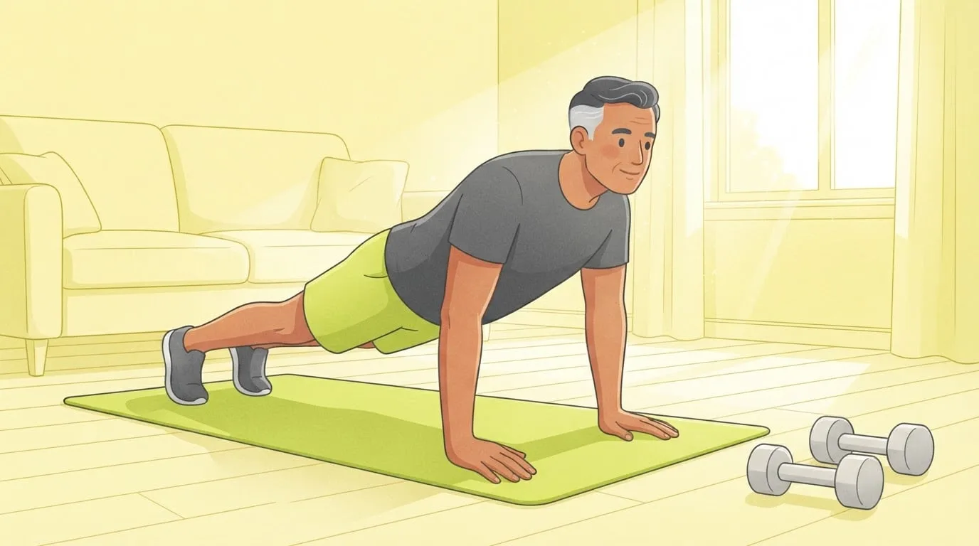 A man in his fifties doing a full push-up on a lime green mat in a sunny living room, arms straight and body in one line, with a pair of dumbbells on the floor beside him