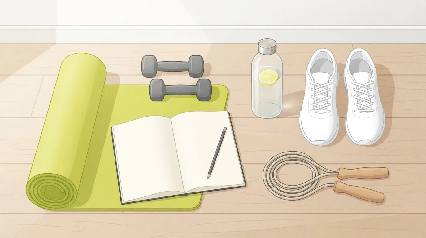Workout gear laid out on a wooden floor: an open notebook and pencil for tracking fitness goals, a rolled lime green mat, two dumbbells, a water bottle, white running shoes and a jump rope