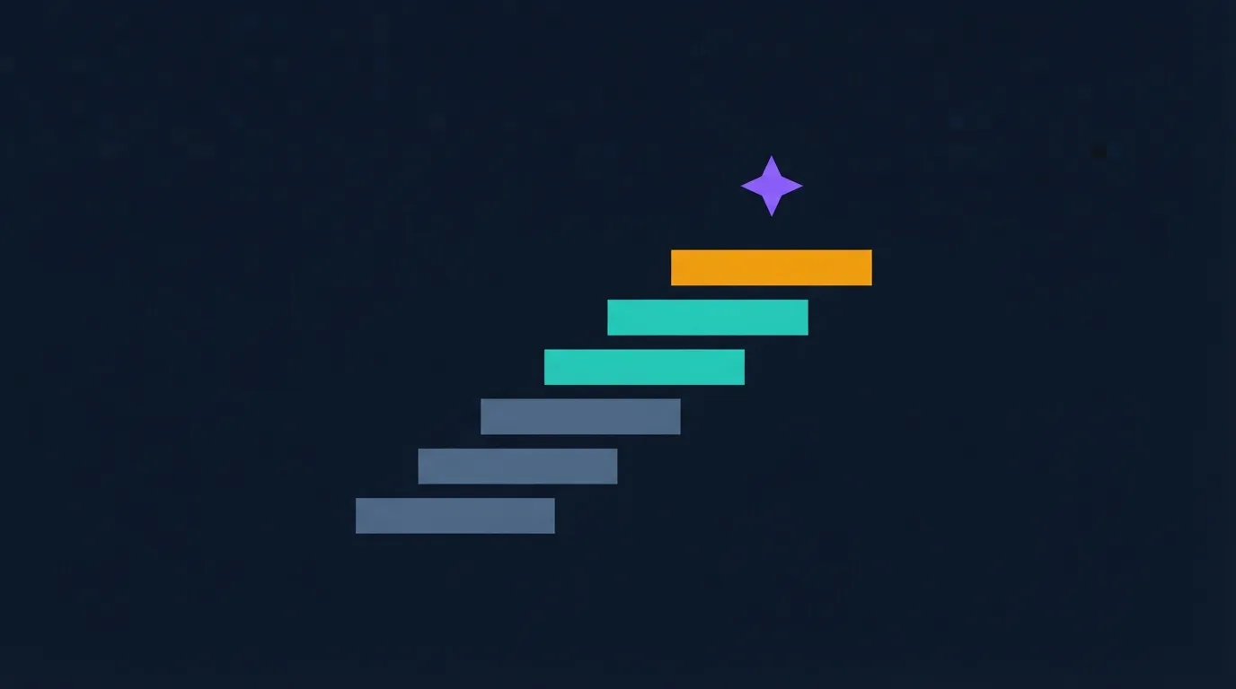 Eine Treppe aus ansteigenden flachen Balken, deren oberste Stufe bernsteinfarben leuchtet, zeigt, wie eine Fitness-RPG-App Workouts in Level umwandelt