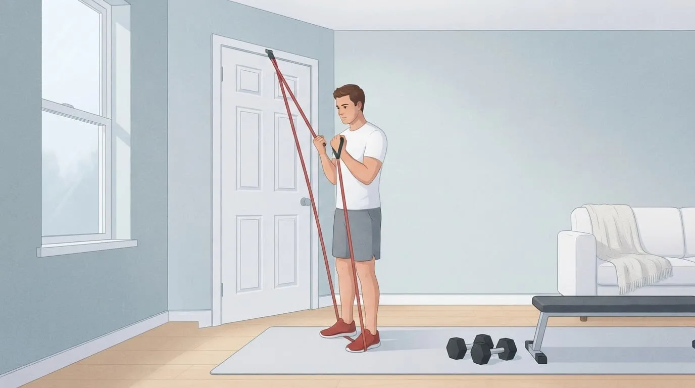 A man in a small living room pulling a red resistance band anchored at the top of a door down toward his chest, with a pair of hex dumbbells and a flat bench on a mat beside him, a home alternative to gym machines