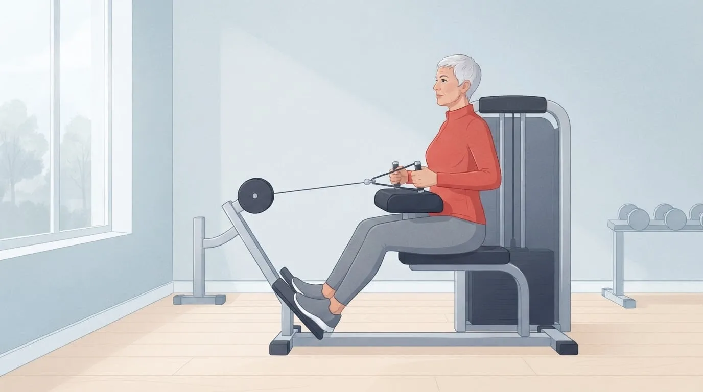 A silver-haired woman in her sixties wearing a red top on a seated row machine in a calm gym, pulling the handles toward her waist with her feet braced on the footplate
