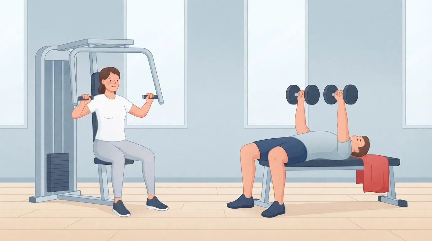 Free weights vs machines side by side: a woman in a white t-shirt seated at a plain chest press machine and a man pressing two dumbbells on a flat bench in a bright gym with tall windows
