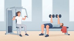 Free weights vs machines side by side: a woman in a white t-shirt seated at a plain chest press machine and a man pressing two dumbbells on a flat bench in a bright gym with tall windows