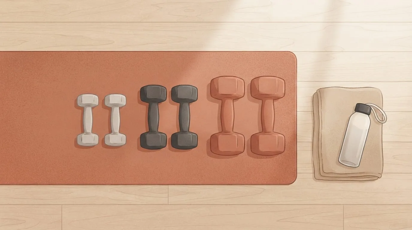 Overhead view of three pairs of plain dumbbells in light, medium and heavy sizes on a terracotta exercise mat beside a folded towel and a water bottle, the weight choices for a full body dumbbell workout at home