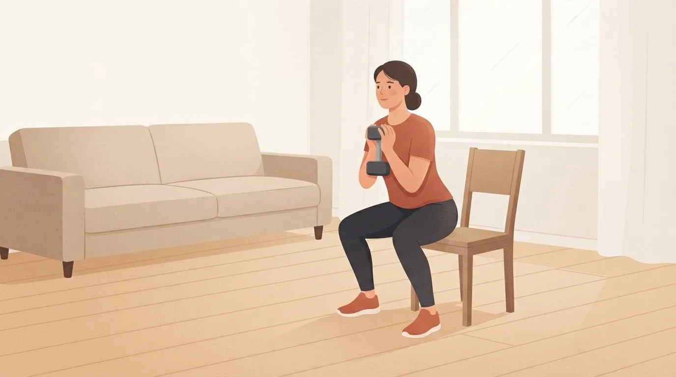A woman in a terracotta t-shirt and charcoal leggings holding one dumbbell upright at her chest as she squats toward a wooden chair in a sunlit living room, the first move of a full body dumbbell workout at home