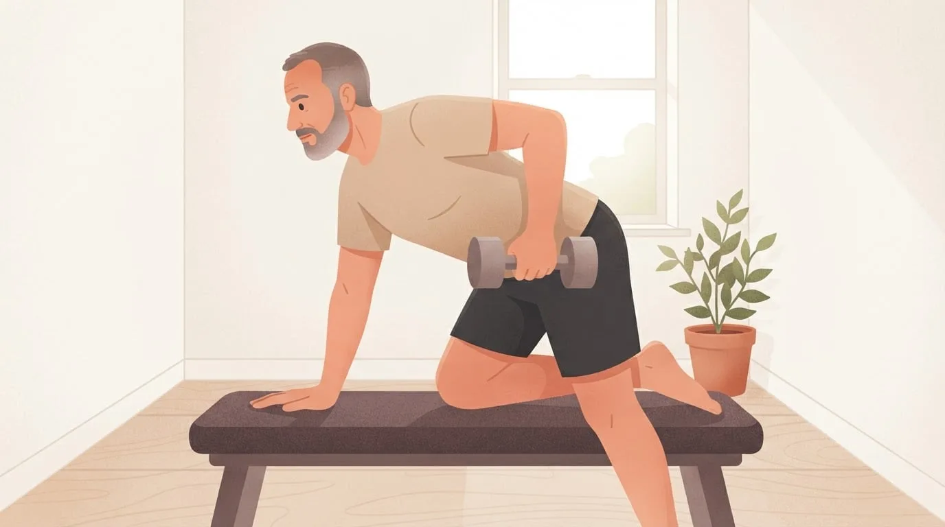 A grey-bearded man with one hand and one knee braced on a flat bench pulling a dumbbell up beside his hip in a one-arm row, part of an intermediate full body dumbbell workout in a small home gym