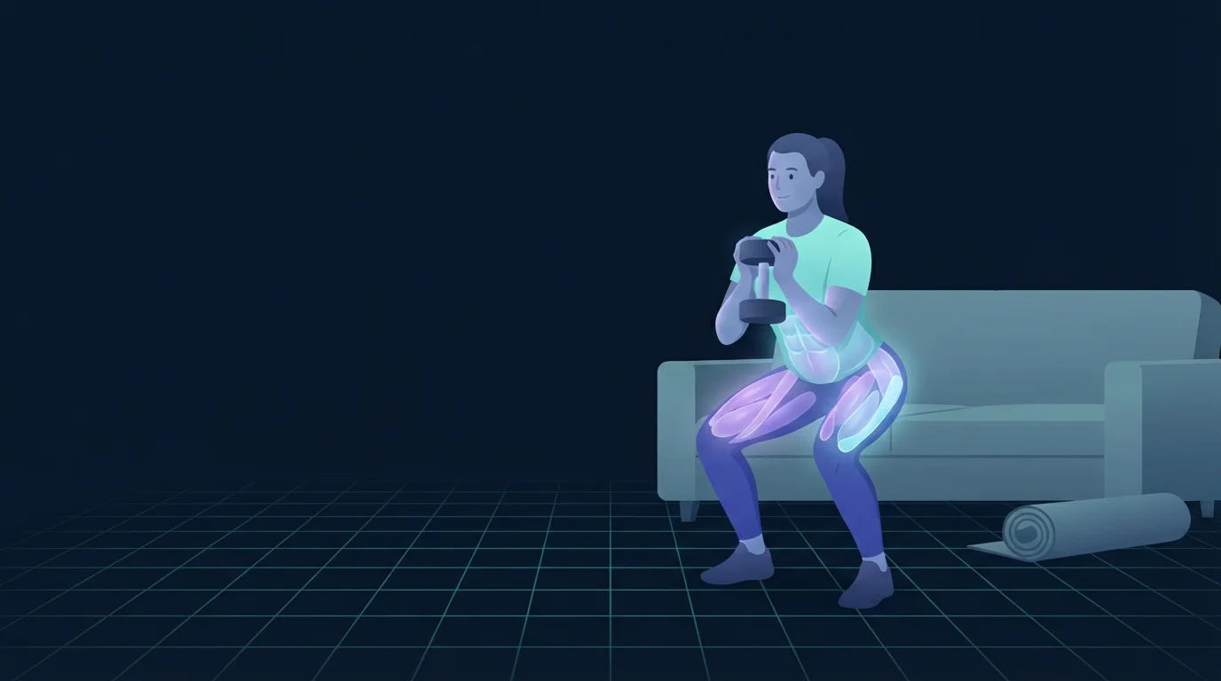 Uma pessoa fazendo um agachamento goblet com um único haltere em uma sala de estar ao lado de um sofá e um tapete enrolado, com quadríceps, glúteos e tronco acesos, mostrando uma sessão de corpo inteiro feita em casa