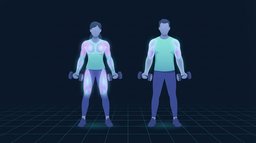 Two people holding dumbbells side by side, one with the chest, back, arms, thighs and glutes all lit up at once and one with only the chest, shoulders and arms lit up, showing what a full body session covers against what a split session covers