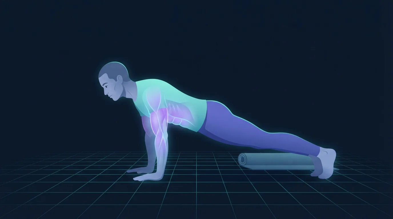 A person holding the top of a push-up on a living room floor with the chest, triceps and abdominal wall lit up and a rolled mat behind them, the bodyweight version of a full body session