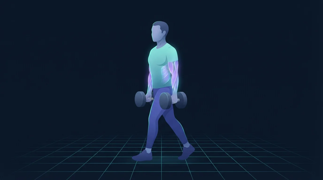 A person walking along the floor carrying a dumbbell hanging at one side with a tall braced torso, forearm, upper trap, obliques and deep core lit up, the carry pattern in a full body session