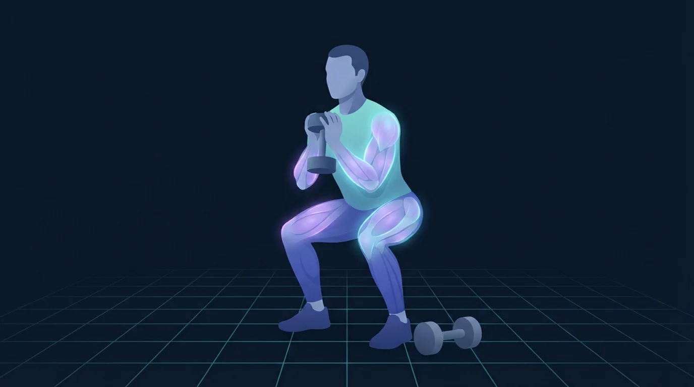 A person holding a dumbbell at the chest in the bottom of a goblet squat with the chest, back, shoulders, arms, thighs and glutes all lit up at once, showing everything a single full body session reaches