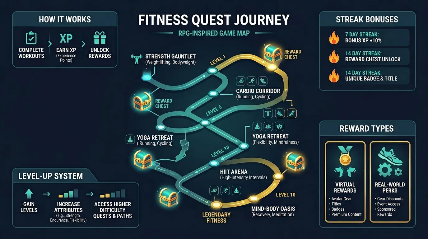 Gamified Fitness Quest Rewards — visual guide for the What Gamification Does for Fitness (The Research) section